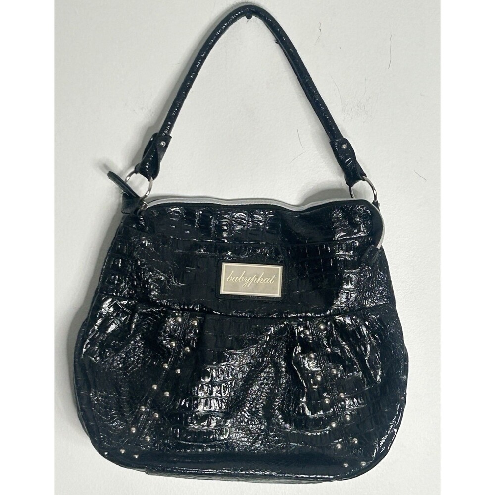 Y2K Babyphat Shoulder Bag Black Vegan Ebossed Croc Studs Shiny Large Silver Stud